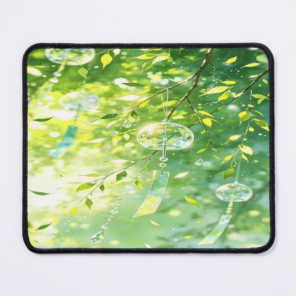 Item preview, The Crystalline Freshness of Eternal Summer, Glass Wind Chimes in the Summer Light - Anime Art with Green Leaves and Hanging Crystals designed and sold by RAYBIL.