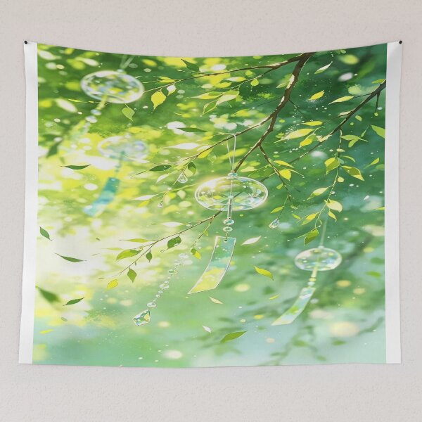 Item preview, The Crystalline Freshness of Eternal Summer, Glass Wind Chimes in the Summer Light - Anime Art with Green Leaves and Hanging Crystals designed and sold by RAYBIL.