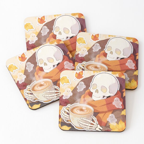 Item preview, Cozy Skeleton Drinking Coffee with Ghosts Autumn Halloween Sticker designed and sold by OksArtStudio.