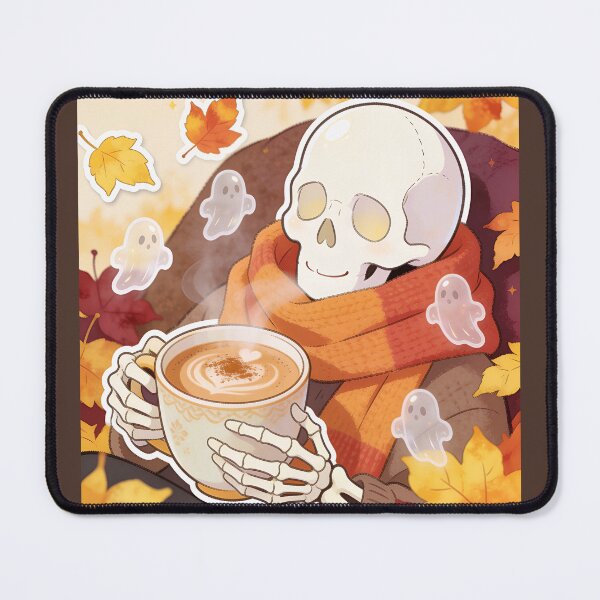 Item preview, Cozy Skeleton Drinking Coffee with Ghosts Autumn Halloween Sticker designed and sold by OksArtStudio.