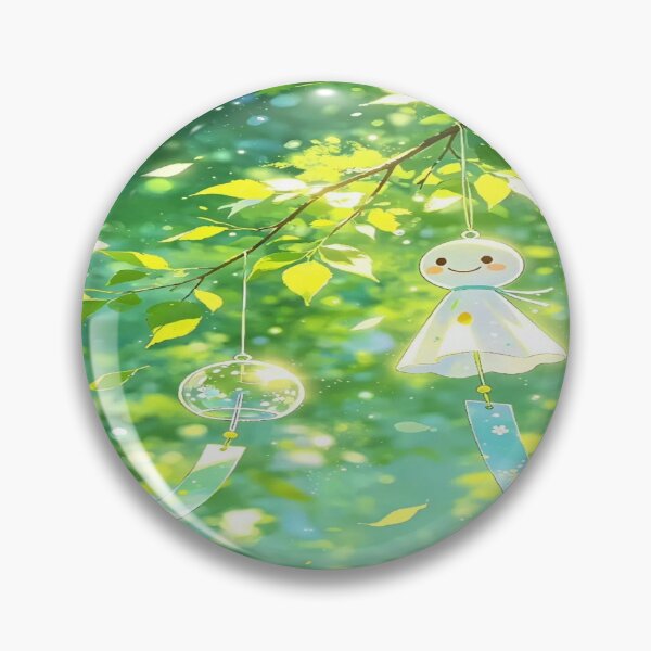 Item preview, The Smile of Fair Weather, Teru Teru Bozu and Wind Chimes - Japanese Kawaii Anime Art under Green Leaves designed and sold by RAYBIL.