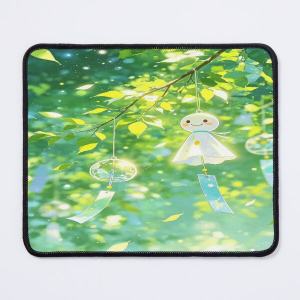 Item preview, The Smile of Fair Weather, Teru Teru Bozu and Wind Chimes - Japanese Kawaii Anime Art under Green Leaves designed and sold by RAYBIL.