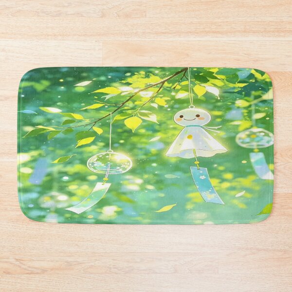Item preview, The Smile of Fair Weather, Teru Teru Bozu and Wind Chimes - Japanese Kawaii Anime Art under Green Leaves designed and sold by RAYBIL.