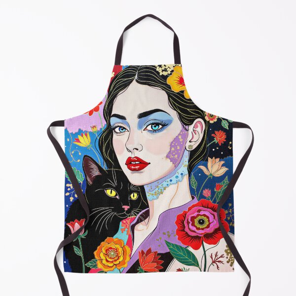 Item preview, Woman with Black Cat Portrait – Colorful Botanical Wall Art for Cat Lovers designed and sold by QQQueen.