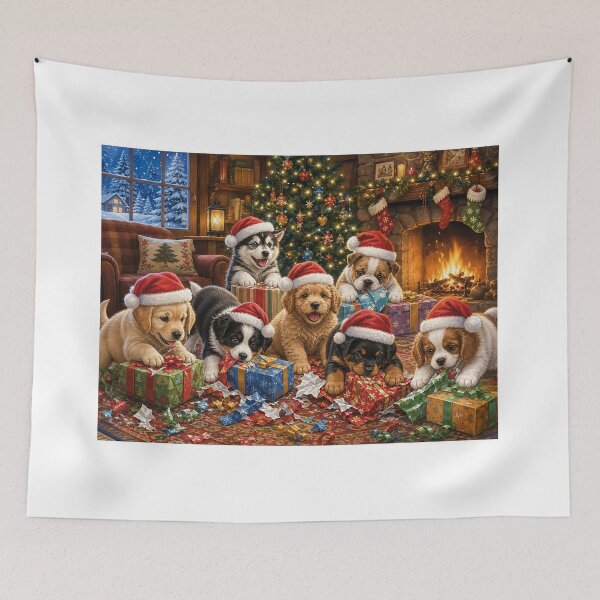 Item preview, Christmas Puppies Opening Presents Whimsical Storybook Holiday Illustration designed and sold by acceleratorhams.