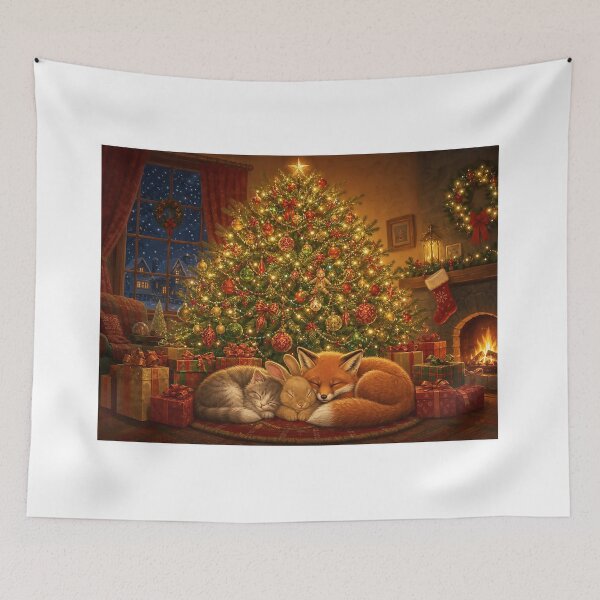 Item preview, Kitten, Bunny and Fox Sleeping Under the Christmas Tree designed and sold by acceleratorhams.