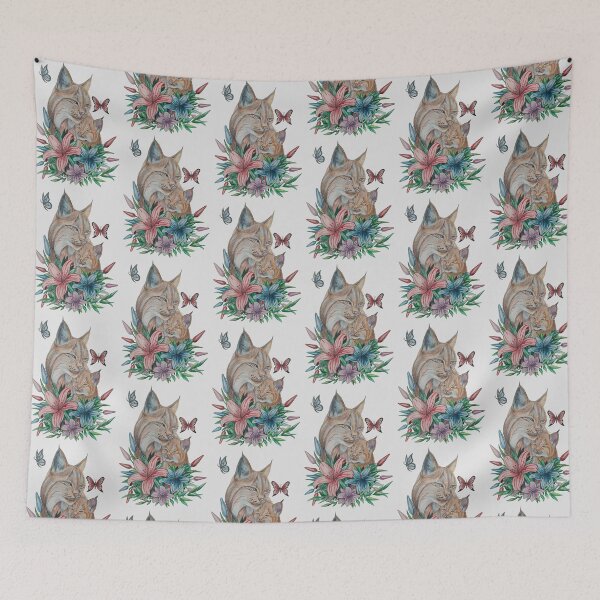 Item preview, Lynx Mother and Cub - Wildlife Floral Lily Illustration designed and sold by URSM.