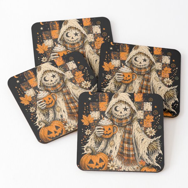 Item preview, Vintage Halloween Scarecrow Pumpkin Latte Plaid Autumn Art designed and sold by Eldaferloart.