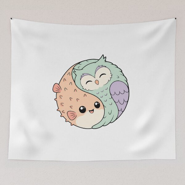 Item preview, Kawaii Owl Pufferfish Yin Yang Cheerful Animal Mashup designed and sold by chattsuede.