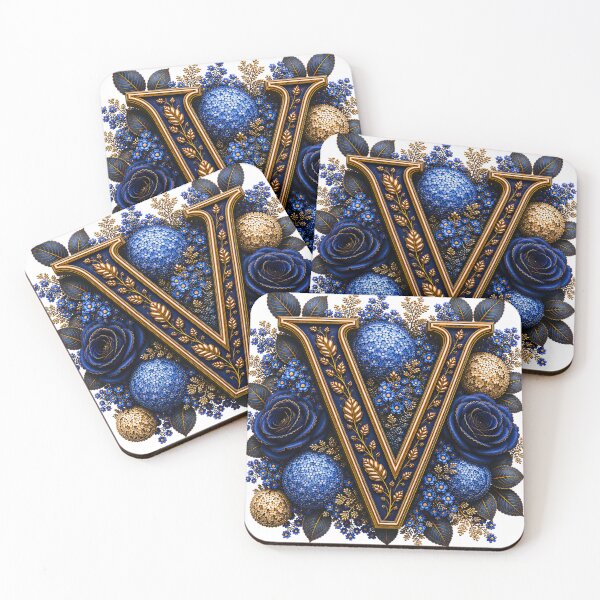 Item preview, Elegant Letter V Monogram with Blue Hydrangeas & Gold Botanical Design | Luxury Floral Initial Art designed and sold by MoodLay.