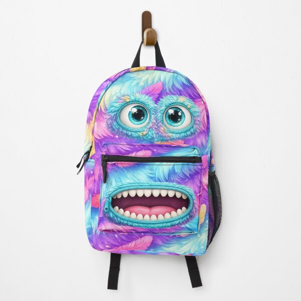 Item preview, Cute Fluffy Monster Backpack Design | Colorful Monster Face | Cartoon Fur & Feather Pattern | Kawaii Fantasy Creature designed and sold by EverStitchStudio ★★★★★.