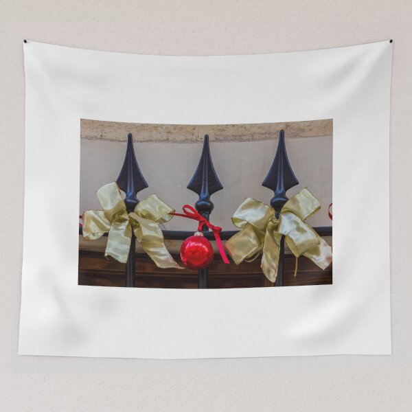 Item preview, Gold Christmas Bows And Red Ornament Hanging On Wrought Iron Railing Festive Decoration designed and sold by Nmallia.