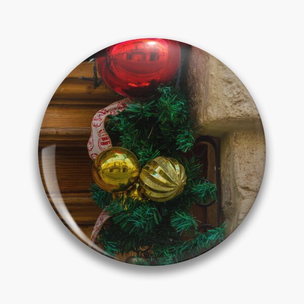 Item preview, Festive Red and Gold Christmas Ornaments and Garland Decorating a Rustic Wooden Doorway for Holiday Cheer designed and sold by Nmallia.