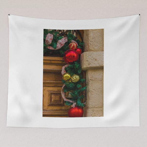 Item preview, Festive Red and Gold Christmas Ornaments and Garland Decorating a Rustic Wooden Doorway for Holiday Cheer designed and sold by Nmallia.