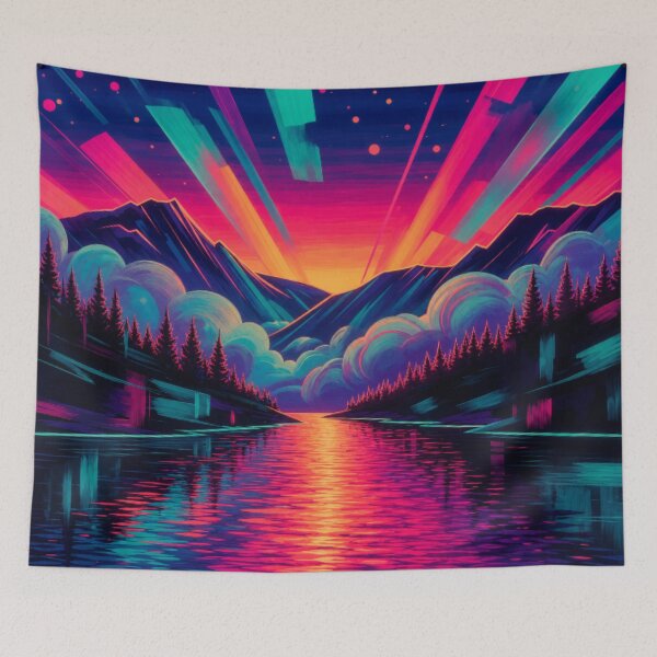 Item preview, Retro Synthwave Sunset Neon Mountain Lake Landscape designed and sold by Nexus Space.