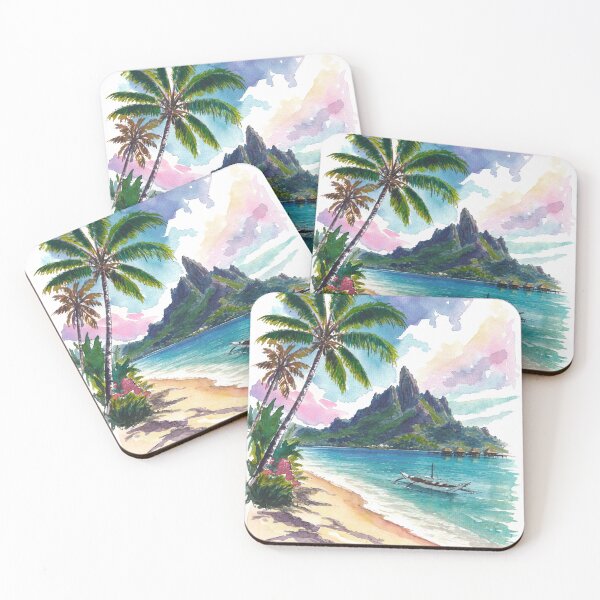 Item preview, Bora Bora Mount Otemanu Watercolor – Tropical Beach and Palm Art Print, Polynesia Travel Gift designed and sold by artshop77.