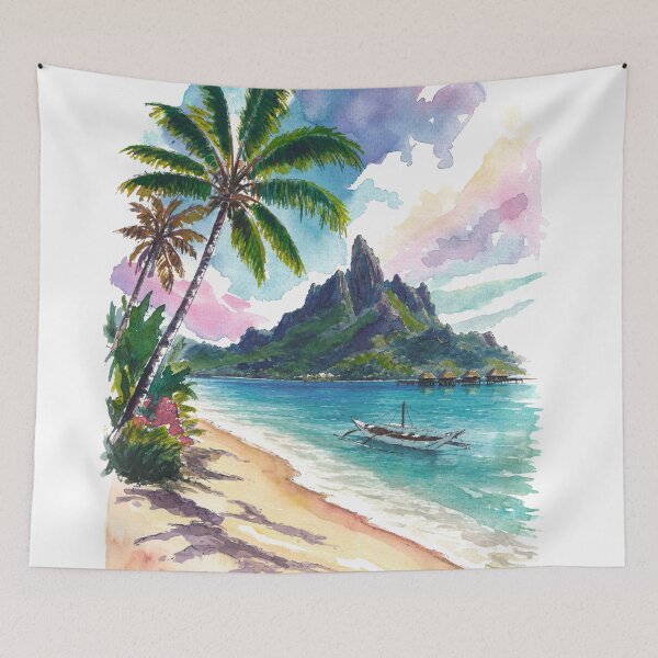 Item preview, Bora Bora Mount Otemanu Watercolor – Tropical Beach and Palm Art Print, Polynesia Travel Gift designed and sold by artshop77.