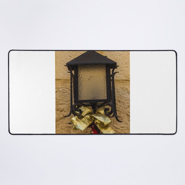 Item preview, Rustic Wrought Iron Lantern Decorated With Gold Bow And Red Ornament On Stone Wall designed and sold by Nmallia.