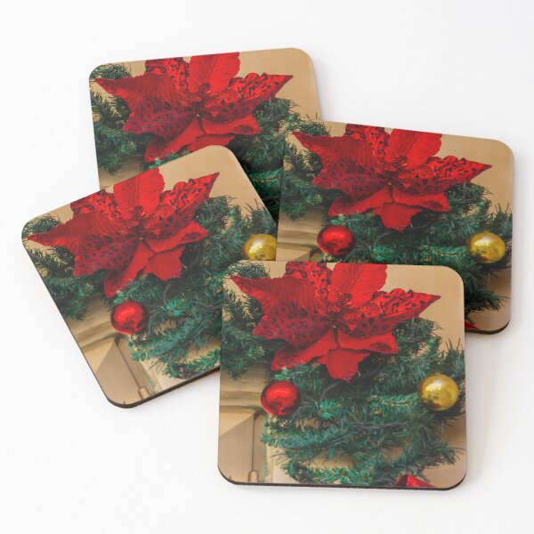 Item preview, Red Poinsettia and Garland Christmas Decoration With Ornaments and Bow on Doorway Holiday Display designed and sold by Nmallia.