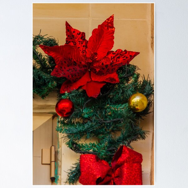 Item preview, Red Poinsettia and Garland Christmas Decoration With Ornaments and Bow on Doorway Holiday Display designed and sold by Nmallia.