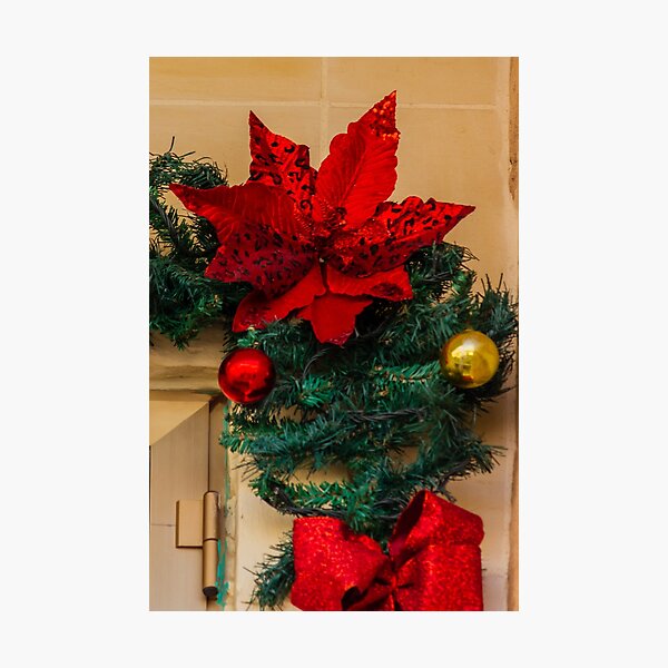 Item preview, Red Poinsettia and Garland Christmas Decoration With Ornaments and Bow on Doorway Holiday Display designed and sold by Nmallia.