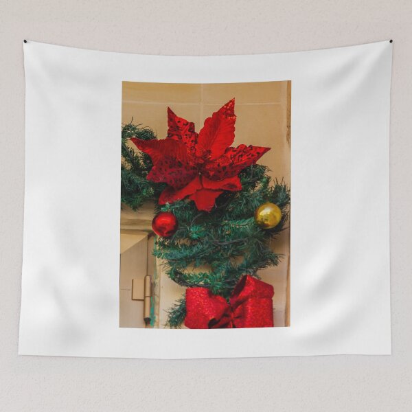 Item preview, Red Poinsettia and Garland Christmas Decoration With Ornaments and Bow on Doorway Holiday Display designed and sold by Nmallia.