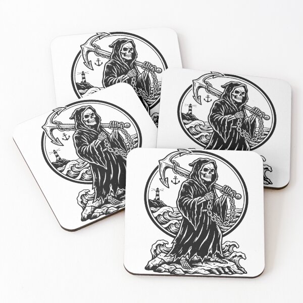 Item preview, Grim Reaper with Anchor and Chain Standing on Waves with Lighthouse in Circle Frame designed and sold by MisteryDesigner.