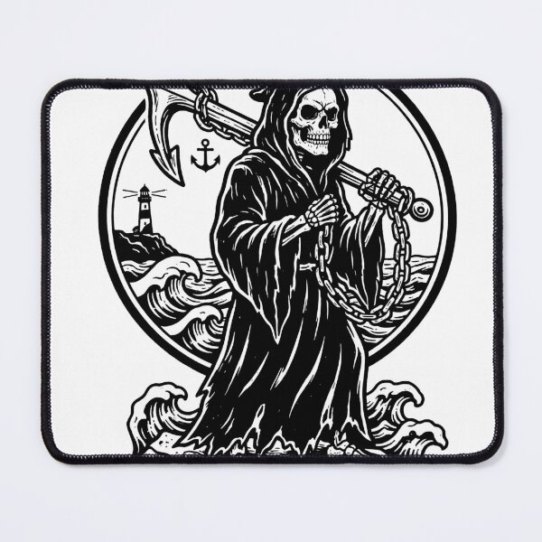 Item preview, Grim Reaper with Anchor and Chain Standing on Waves with Lighthouse in Circle Frame designed and sold by MisteryDesigner.