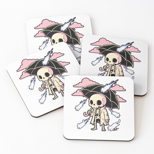Item preview, Skeleton in Trench Coat Holding Umbrella as Ghost Cats Fall from Pink Clouds designed and sold by MisteryDesigner.