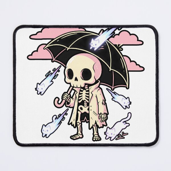 Item preview, Skeleton in Trench Coat Holding Umbrella as Ghost Cats Fall from Pink Clouds designed and sold by MisteryDesigner.