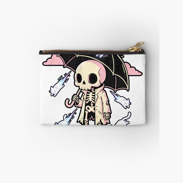 Item preview, Skeleton in Trench Coat Holding Umbrella as Ghost Cats Fall from Pink Clouds designed and sold by MisteryDesigner.