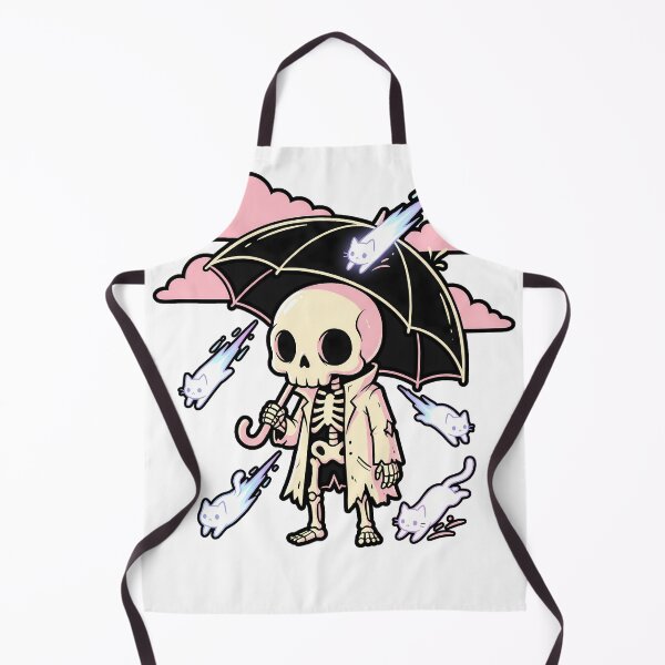 Item preview, Skeleton in Trench Coat Holding Umbrella as Ghost Cats Fall from Pink Clouds designed and sold by MisteryDesigner.