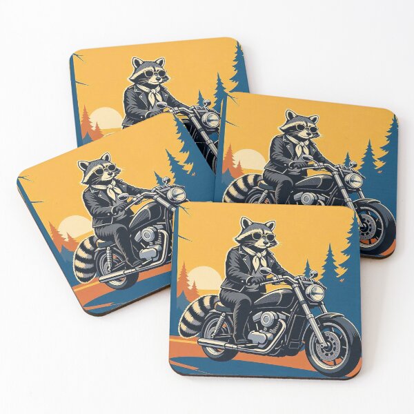 Item preview, Biker Raccoon – Whimsical Sunset Ride Art designed and sold by Dogandesighn.