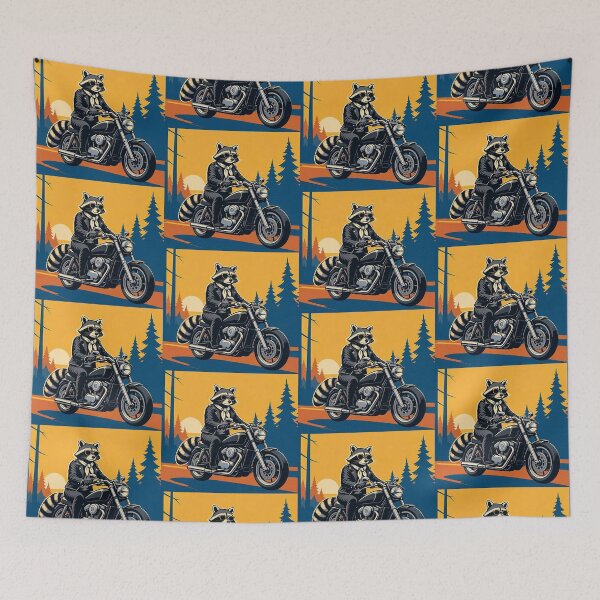 Item preview, Biker Raccoon – Whimsical Sunset Ride Art designed and sold by Dogandesighn.
