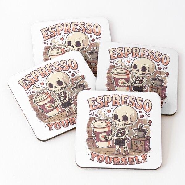 Item preview, Skeleton Barista Holding Giant Espresso Cup Next to Vintage Coffee Grinder designed and sold by MisteryDesigner.