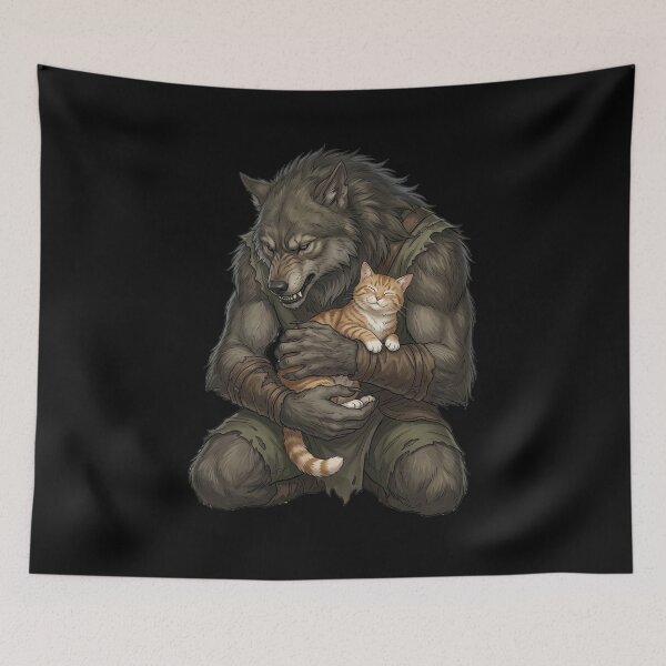 Item preview, Werewolf cuddles with cute cat. designed and sold by ReneMM.