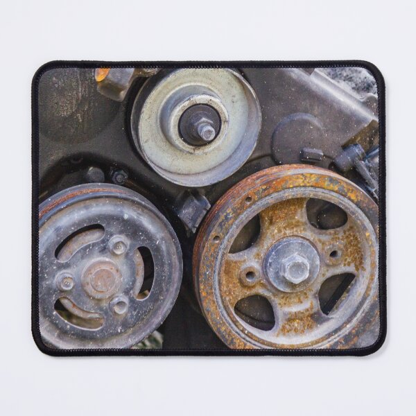 Item preview, Close-Up Of Rusty Engine Pulleys And Worn Belts On Old Automotive Mechanical Part designed and sold by Nmallia.