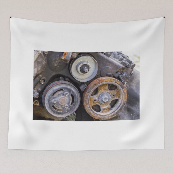 Item preview, Close-Up Of Rusty Engine Pulleys And Worn Belts On Old Automotive Mechanical Part designed and sold by Nmallia.