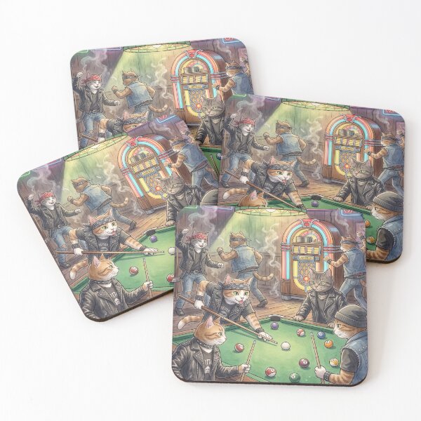 Item preview, Funny rocker cats playing pool in a vintage retro bar designed and sold by TheCoolCatsMx.