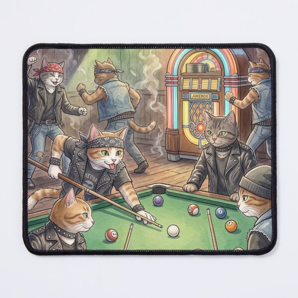 Item preview, Funny rocker cats playing pool in a vintage retro bar designed and sold by TheCoolCatsMx.