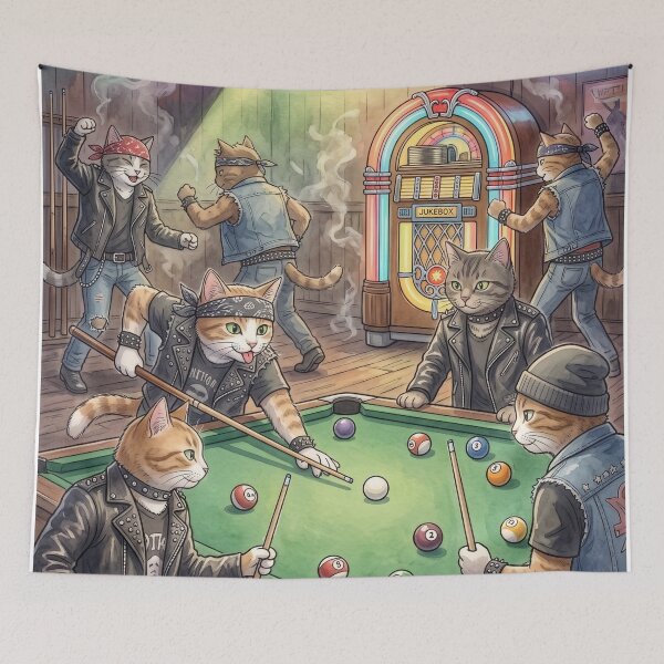 Item preview, Funny rocker cats playing pool in a vintage retro bar designed and sold by TheCoolCatsMx.