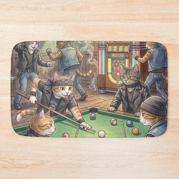 Item preview, Funny rocker cats playing pool in a vintage retro bar designed and sold by TheCoolCatsMx.