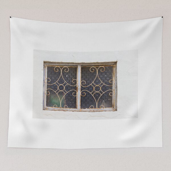 Item preview, Vintage Decorative Wrought Iron Window Grille With Rusted Pattern Against White Plaster Wall designed and sold by Nmallia.