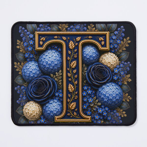 Item preview, Elegant Letter T Monogram with Blue Hydrangeas & Gold Botanical Design | Luxury Floral Initial Art designed and sold by MoodLay.