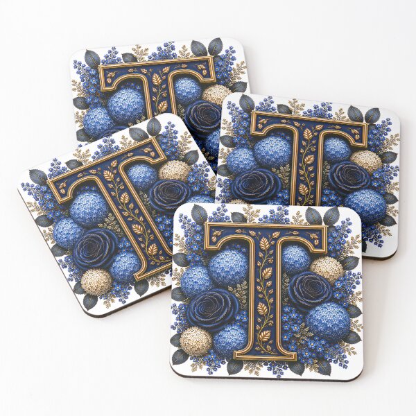 Item preview, Elegant Letter T Monogram with Blue Hydrangeas & Gold Botanical Design | Luxury Floral Initial Art designed and sold by MoodLay.