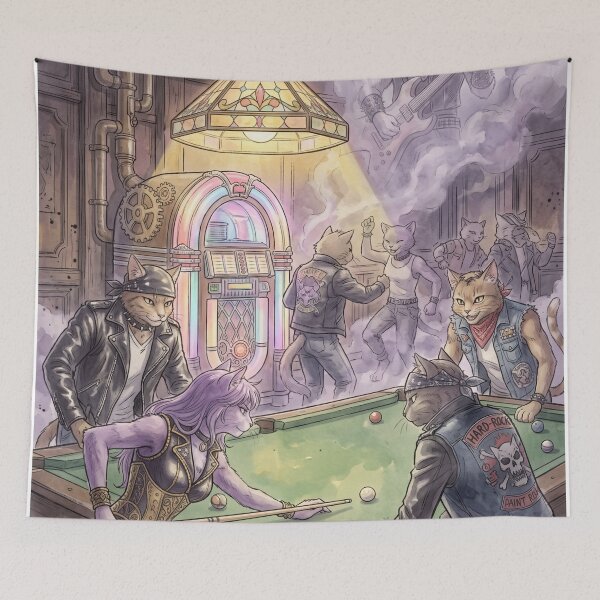 Item preview, Poster of rock 'n' roll cats playing pool in a vintage bar designed and sold by TheCoolCatsMx.