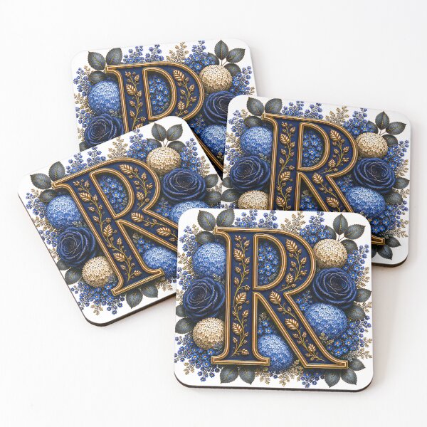 Item preview, Elegant Letter R Monogram with Blue Hydrangeas & Gold Botanical Design | Luxury Floral Initial Art designed and sold by MoodLay.