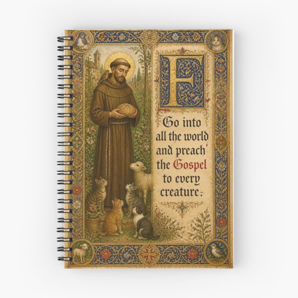 Item preview, Saint Francis of Assisi Illuminated Manuscript | Catholic Art with Animals "Go and preach the Gospel" designed and sold by Natalia-Vlad.