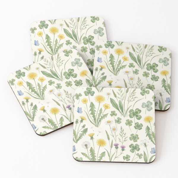 Item preview, Wildflower Meadow Four Leaf Clover Dandelion Yellow Cottagecore Pattern designed and sold by DreamyBrushArt.