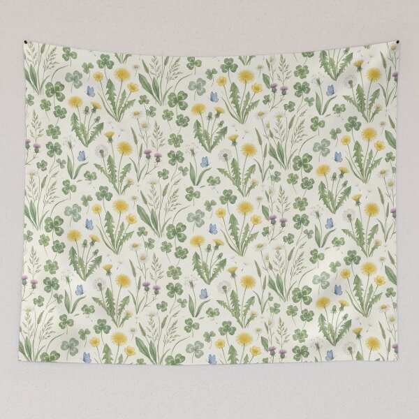 Item preview, Wildflower Meadow Four Leaf Clover Dandelion Yellow Cottagecore Pattern designed and sold by DreamyBrushArt.